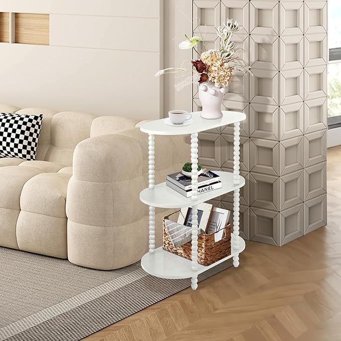 End Table, 3-Tier Skinny Side Table for Small Spaces, Sofa Console Table with Shelves for Entryway, Foyer, Hallway, Living Room and Bedroom, White