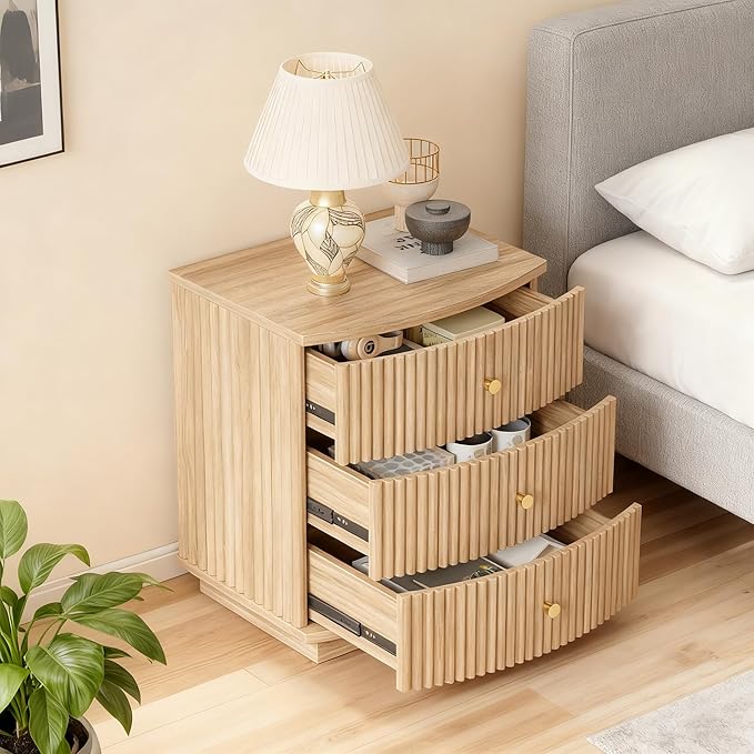 Grooved Wood End Table with 6 Drawers, Curved Edge Storage Side Table, Six Drawer Nightstand Compact Sofa Bedside Table for Bedroom, Living Room and Small Spaces, Natural X2