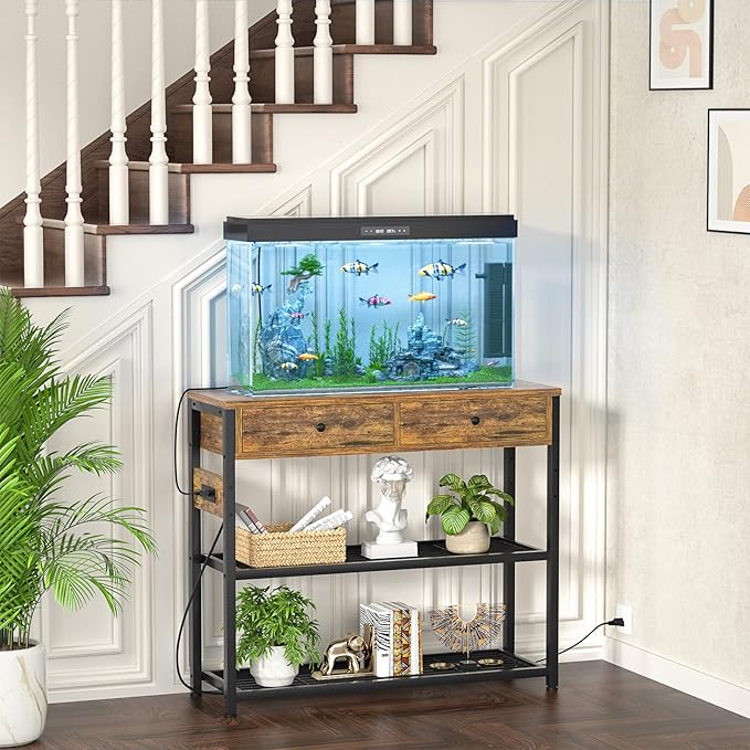 Ecoprsio Entryway Table with Outlets and USB Ports, Console Table with 2 Drawers, Small Sofa Table with Storage Shelves for Living Room, Couch, Hallway, Foyer, Kitchen Counter, 32'', Rustic