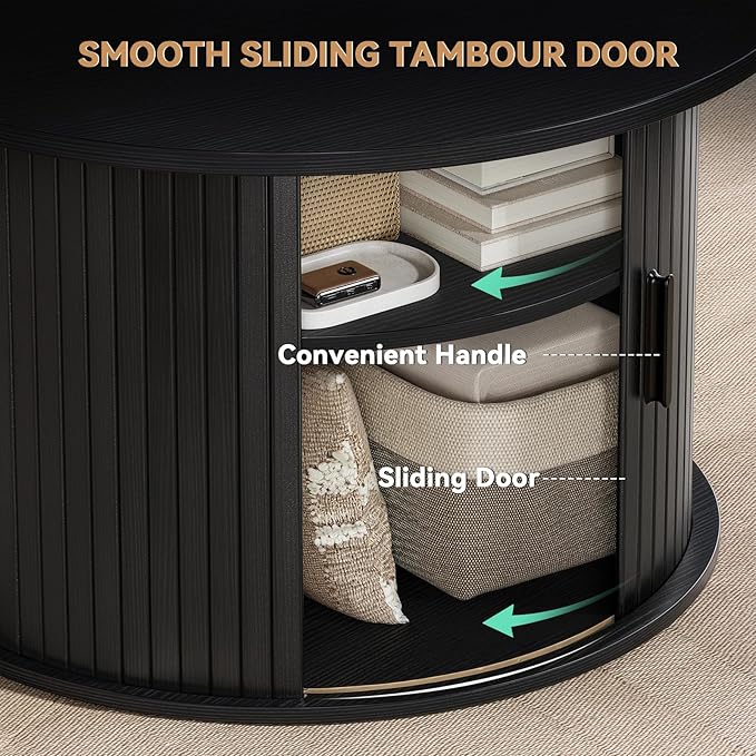 FABATO Round Lift Top Coffee Table, Fluted Wood Accent Coffee Table with Hidden Storage and Open Shelves, Drum Table with Sliding Rolling Door, Small Center Table Dining Table for Living Room, Black