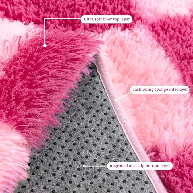 Checkered Rugs for Bedroom, Ultra Fluffy Fuzzy Shag Area Rug for Living Room 5x7, Modern Plush Soft Upgrade Non-Slip Carpet for Girls and Kids Room Dorm Nursery Home Decor, Pink and Hot Pink