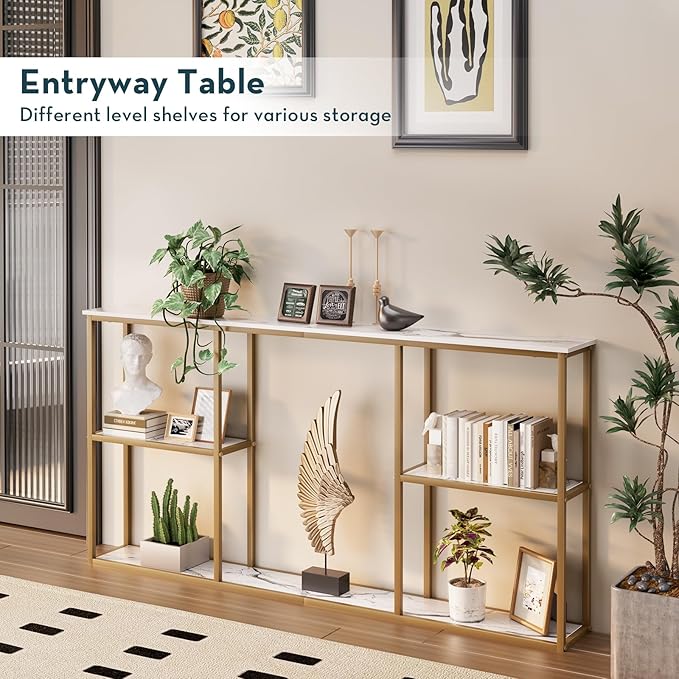 WOHOMO Gold Console Table,3-Tier Small Entryway Table for Hallway, Narrow Sofa Table Behind Couch for Living Room,Entrance(63 inch)