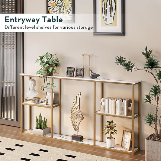 WOHOMO Gold Console Table,3-Tier Small Entryway Table for Hallway, Narrow Sofa Table Behind Couch for Living Room,Entrance(63 inch)