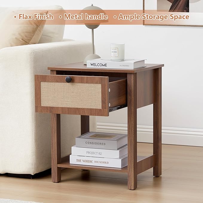 Wood Nightstand, 21.65" H End Table with Flax Finish, Modern Night Stands with Drawer, Farmhouse Bedside Table for Bedroom Living Room (Walnut)