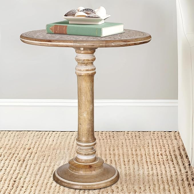 Wooden Pillar Round End Table, Modern Round Wooden Coffee Table, Living Room Rustic Side End Table for Magazines, Books, Plants & Perfect for Christmas Decoration -18x22 Inch White Wash