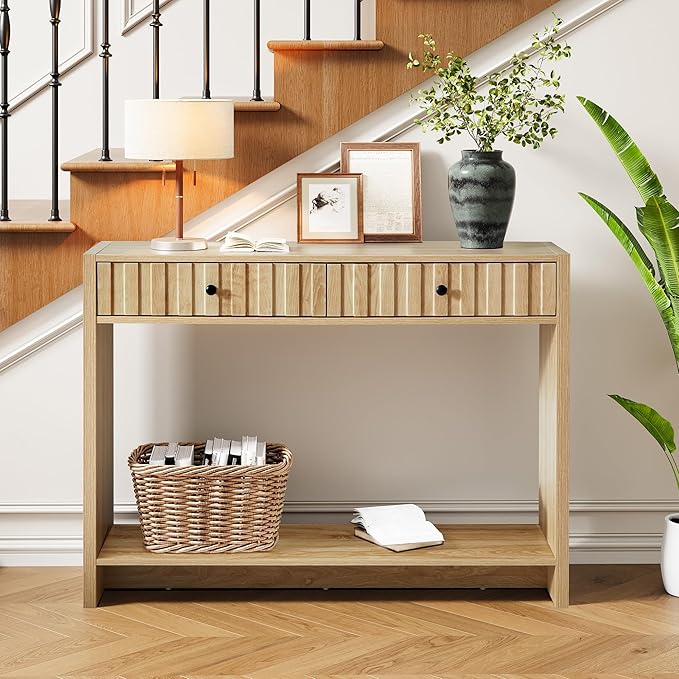 AVZEAR Entryway Console Table with Fluted Drawers, Mid Century Entryway Table with Storage, 43" Long Couch Behind Sofa Narrow Tables for Living Room Hallway Entrance, Natural