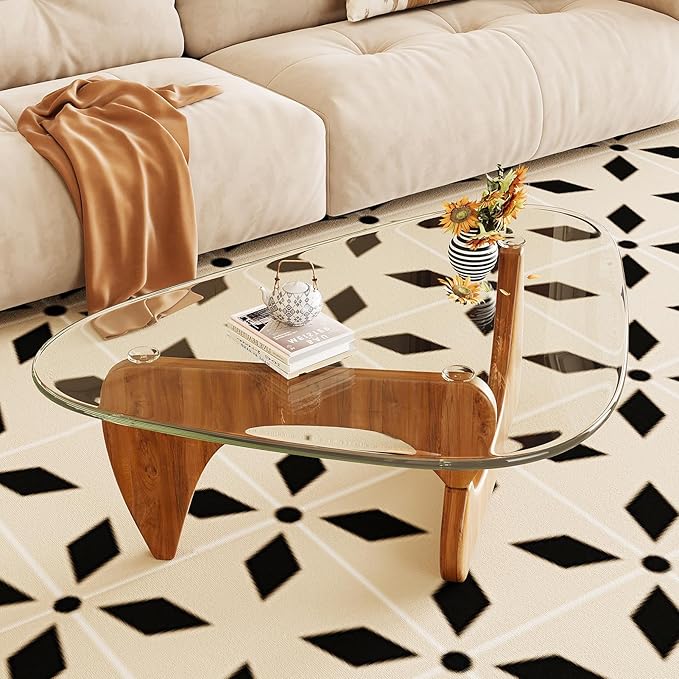 Coffee Table for Living Room Mid Century Modern Center Table with Glass Top and Wood, Transparent/Walnut