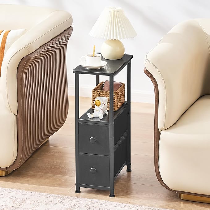 End Table, Narrow Side Table with 2 Fabric Drawers, Slim Nightstand, Small Bedside Table with Storage, Living Room, Bedroom, Black HKET1200BK