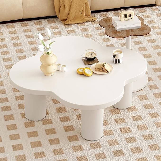Modern Coffee Table Set of 2, Irregular Petal-Shaped Center Table with Roman Column Legs,Glass Top and Solid Surface,End Tables for Living Room, Easy Assembly Contemporary Home Decor,White