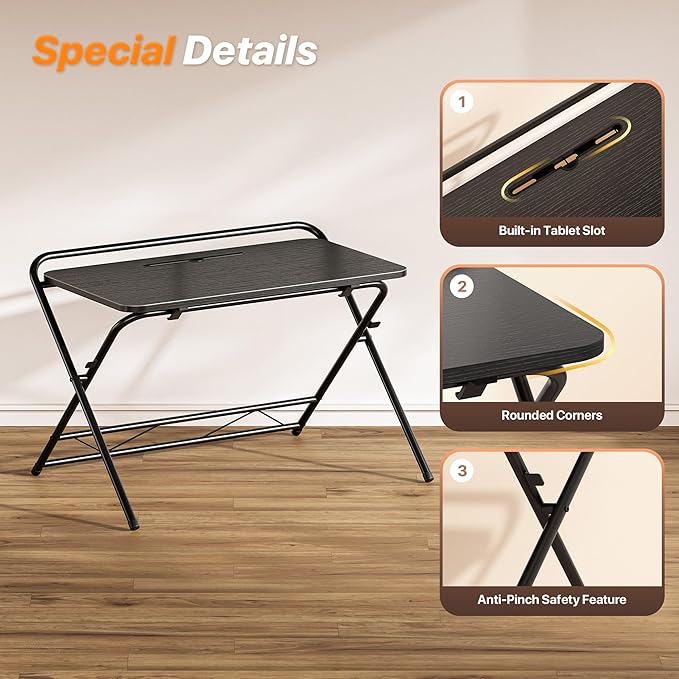 Huuger Folding Desk with 3-Level Adjustable Height and Tablet Slot, 32 Inch Foldable Computer Desk for Small Spaces, Space Saving, Writing Work Table for Home Office, Bedroom, Study, Black