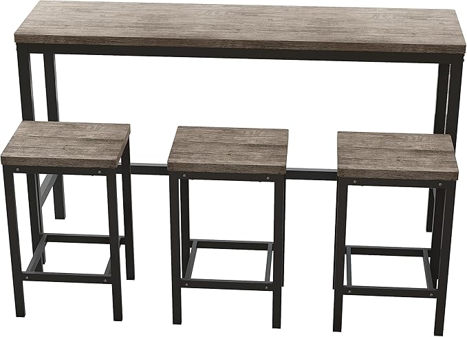 Merax 4-Piece Counter Height Extra Long Dining Table Set with 3 Stools and Footrest, Modern Design Kitchen Dining Table, Pub Table, Long Dining Table Set, Brown Gray