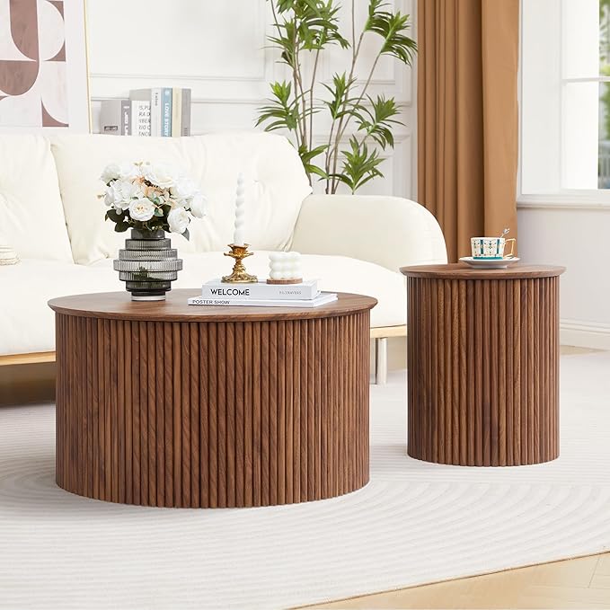 Round Nesting Coffee Table Set of 2, Mid Century Modern Wood Coffee Tables and End Table Set, Circle Side Table Minimalist Center Tables for Living Room, Office(Walnut)