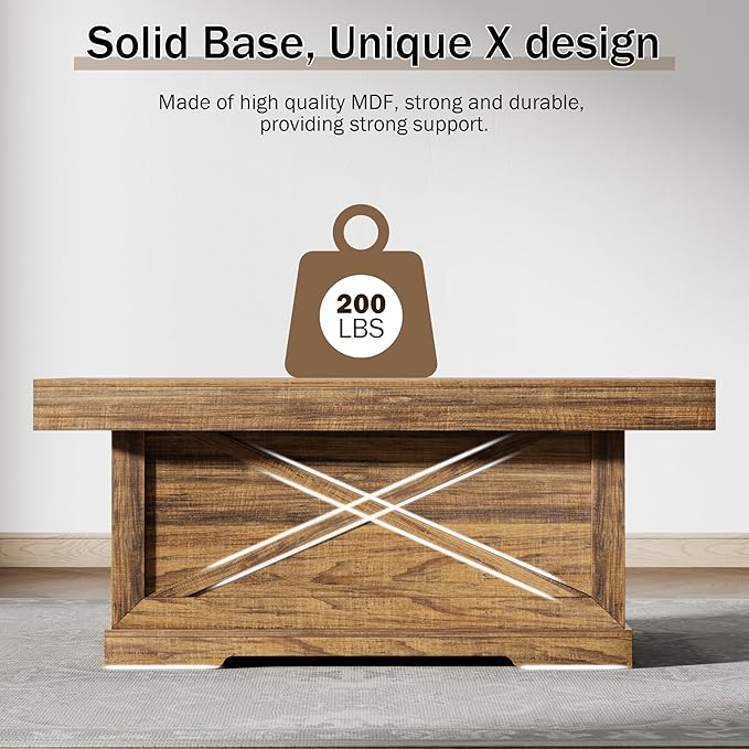 Coffee Table 39 in Rustic Center Table with X-Design Wooden Pedestal for Living Room, Space Saving, Rectangle Home Office Tea Accent Table for Dining Room Apartment, Walnut