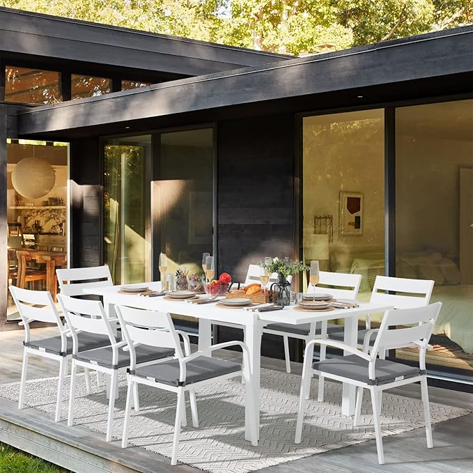 Soleil Jardin Aluminum Patio Extendable Dining Table, 59" - 83", Adjustable Indoor Outdoor Furniture Rectangle Table for 6-8 Person Porch Deck Garden, White