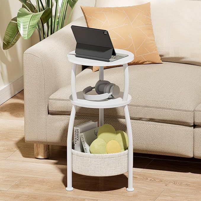 Small Round Side Table for Living Room with Storage Basket –Small Space Saving End Table 3-Tier Nightstand Couch Corner Stand Bedroom, Garden and More 24in Tall Matte White