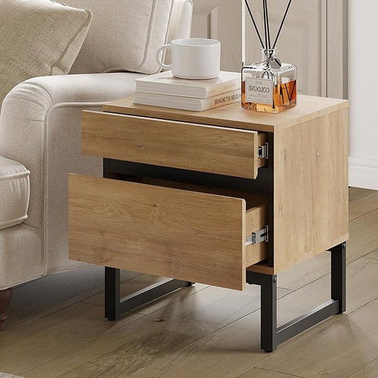 WAMPAT Modern End Table with 2 Drawers, Farmhouse Sofa Table, Wooden Rustic Side Sofa Table Metal Leg for Living Room, Nighstand for Bedroom, Oak