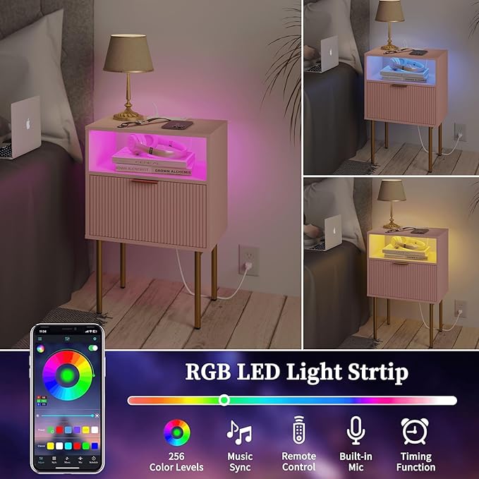 Modern Nightstand with Charging Station and LED Lights, White Bedside Table with Drawer, Fluted Side Table for Living Room, Bedroom
