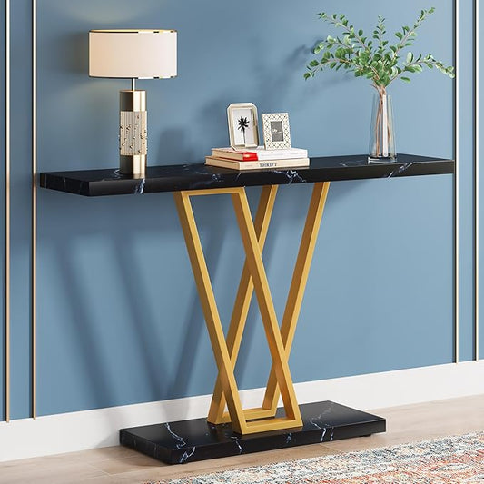 VANOMi Black Faux Marble Entryway Table, Modern Sofa & Console Table Narrow Side Table for Living Room, Entryway, Black
