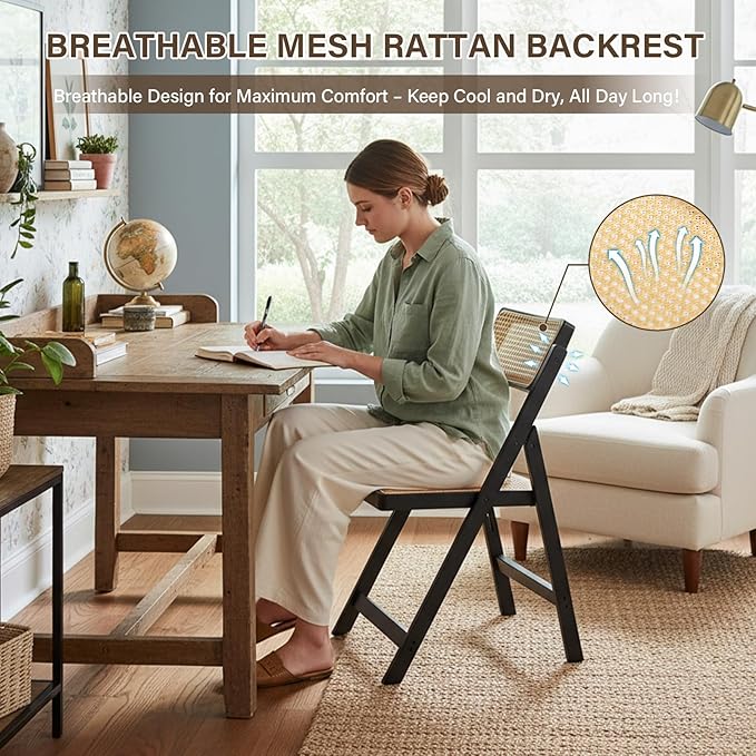 Rattan Folding Chairs, Modern Mid Century Dining Chairs Set of 2, Outdoor Bamboo Chairs for Bedroom Living Room Reading Room Dining Kitchen, Black