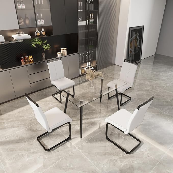 Glass Dining Table, 51'' Rectangle Dining Room Table,Modern Kitchen Table with Tempered Glass Tabletop and Metal Leg,Dining Table for 4 Suitable Kitchen Dining Living Meeting Room