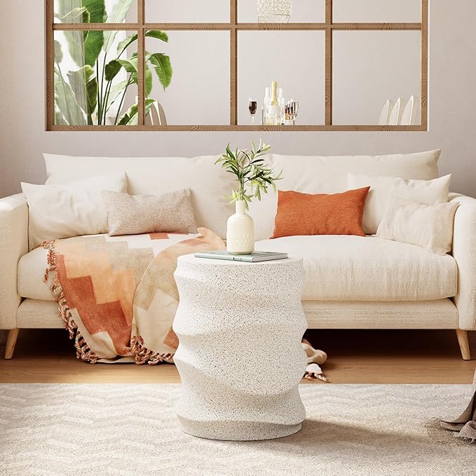 HOMPUS Outdoor Side Table, Patio End Table w Water Wave, Unique MgO Round Lightweight Concrete Accent Table, Modern Vintage Plant Stand Garden Tool for Indoor Outdoor Use, Warm White