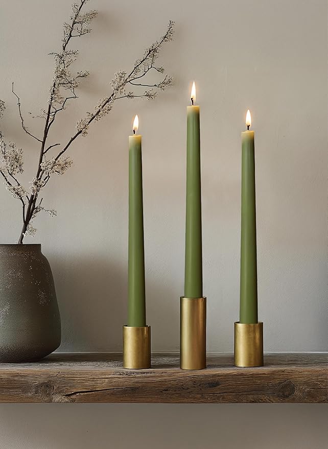 12pk 10" Classic Taper Candles, Moss Green, 7-8 Hours Long Burning, Unscented Tall Candlesticks