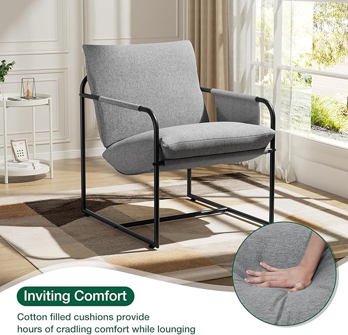 HOMMPA Sling Accent Chair Set of 2, Steel Frame Lounge Arm Chair Living Room Chair with Side Storage Pocket, Reading Accent Chair Mid Century Modern Bedroom Chair Linen Fabric Cover, Flax