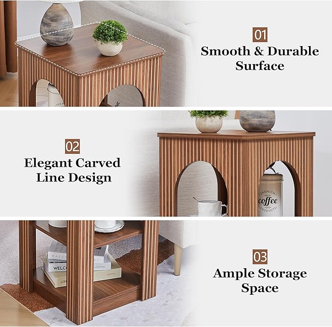 End Table Set of 2, Mid-Century Modern Side Table with 3-Tier Storage Shelves and Arched Carving Lines, Square Fluted Nightstand for Living Room, Bedroom, or Office (2, Walnut)
