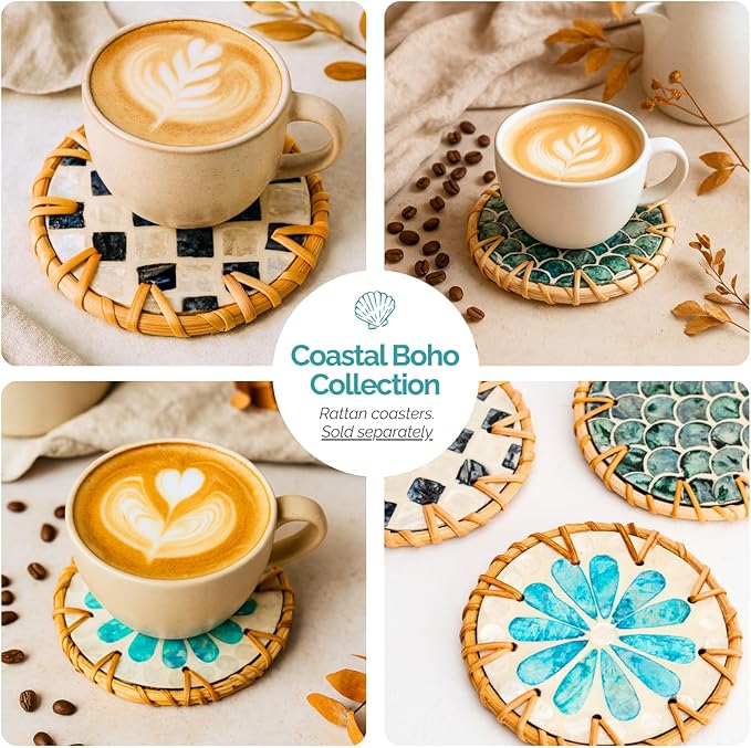 JUNGLE CULTURE Rattan Serving Tray 12" with Mother of Pearl Inlay • Coastal Boho Collection • Handcrafted Woven with Handles for Home • Round Dining Table Tray • Wicker Serving Basket – Ripple