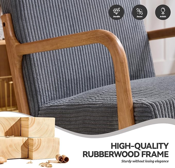 Mid Century Modern Corduroy Accent Chair, Living Room Chairs with Lumbar Pillow Boho Arm Chiar Reading Chair with Solid Wood Frame for Living Room Bedroom