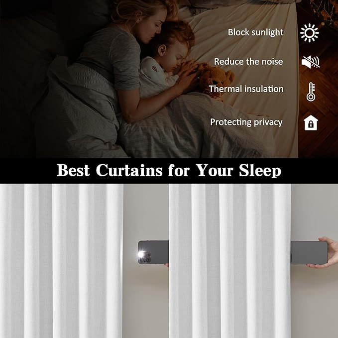 RAIN CITY Snow White Blackout Curtains 94 Inch Long Room Darkening Back Tab Linen Drapery Hook Curtains Patio Door 2 Panels 50 Wide 94 Length