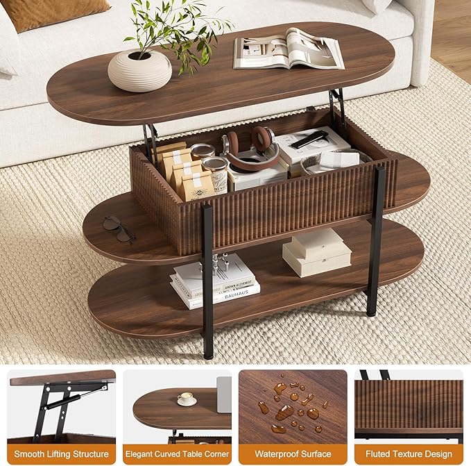 FABATO 41.7" Oval Lift Top Coffee Table, Fluted Wood Center Table with Hidden Storage, 3 Tier Oblong Tables with Curved Edge, Modern Elliptical Coffee Table for Living Room Reception Room, Walnut