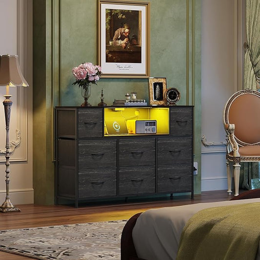 WLIVE Black Dresser TV Stand for 45, 50, 55 inch TV, Entertainment Center with LED Lights & Charging Station, Chest of Drawers with 8 Fabric Drawers and Open Shelves for Living Room, Hallway, Wood Top