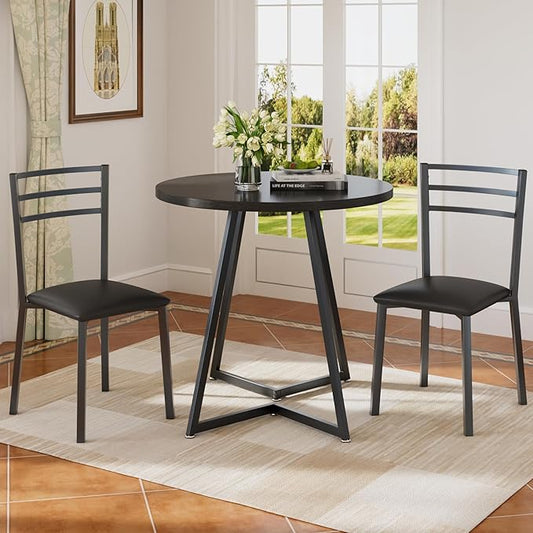 VECELO Round Dining Table Set for 2, Heavy-Duty Metal Frame & Upholstered Chair for Breakfast Nook, Kitchen, and Small Space, Matte Black