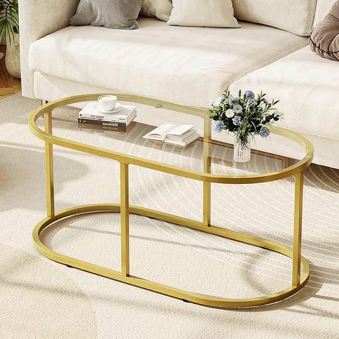 Coffee Table Gold Glass Coffee Tables for Living Room, Oval Table Center Table with Sturdy Metal Frame,Modern Tempered Glass Accent Tables for Bedroom Home Office