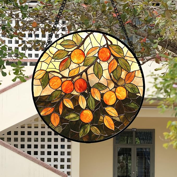 Stained Glass Suncatcher, Orange Green Fruit Tree Sun Catcher Landscape Stain Glass Window Hanging Decoration Mother's Day Birthday Gifts for Women Men Mom Nana 7.8 in