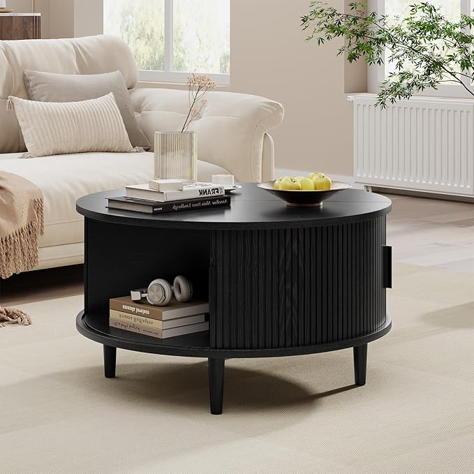 Mid Century Round Coffee Table, Fluted Center Table with Sliding Door, Modern Dining Table with Storage for Home Living Room Office, 31.5", Black