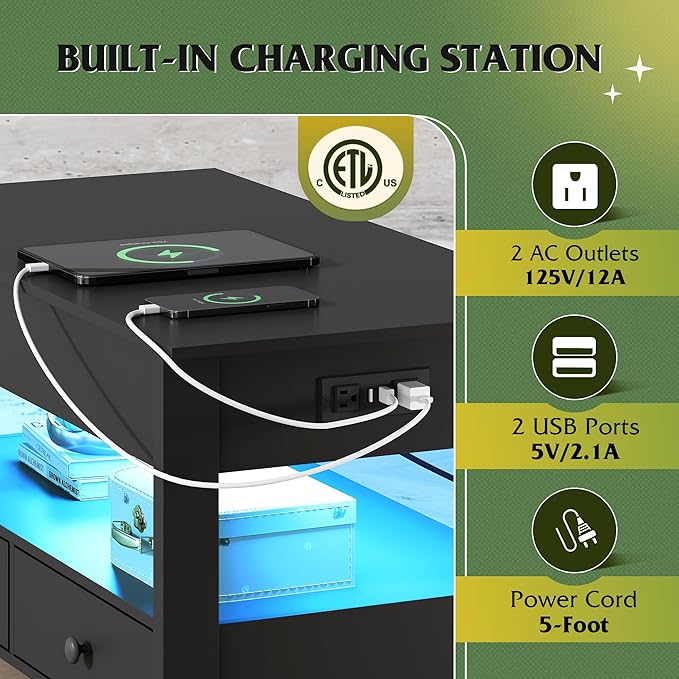 WLIVE Coffee Table, Lift Top Coffee Table with 2 Drawers, LED Light, Large Hidden Compartment and Open Shelf, Lift Tabletop, Dining Table for Living Room, Black