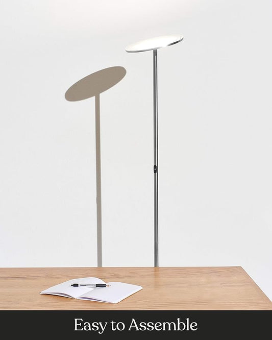 Brightech Sky LED Floor lamp, Torchiere Super Bright Floor Lamp for Living Rooms & Offices - Dimmable, Tall Standing Lamp for Bedroom Reading - Platinum Silver
