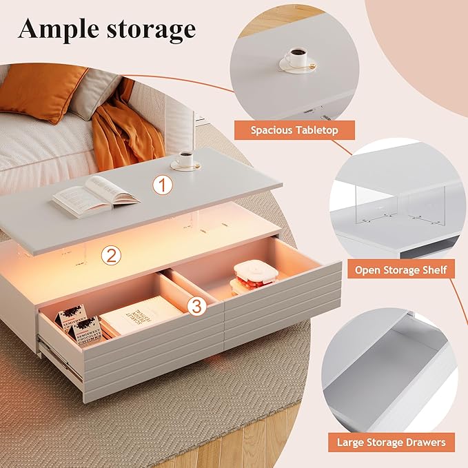 Modern White Rectangular LED Lights Coffee Table with 2 Drawers in 47.2"