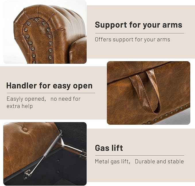 Furniliving 63” End of Bed Bench, Bedroom Bench with Button-Tufted, Large Upholstered Storage Ottoman Benches Entryway Bench with Storage Shoe Cabinet Bench, for Bedroom, Living Room, PU, Brown