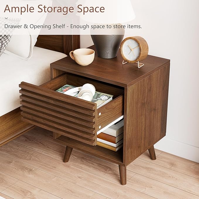 Alohappy Nightstands Set of 2, Mid Century Modern Nightstand, Wood Fluted Bedside Table with Drawer Storage for Bedroom, Accent Side End Table for Living Room, Brown, 2pcs