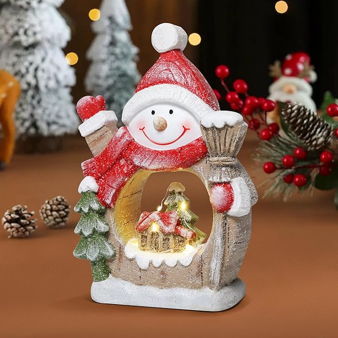 Snowman Christmas Decorations Classic Resin Snowman Figurines with LED Lights, Ideal Indoor Decorations for Home That Can be Used for Christmas Table Decor