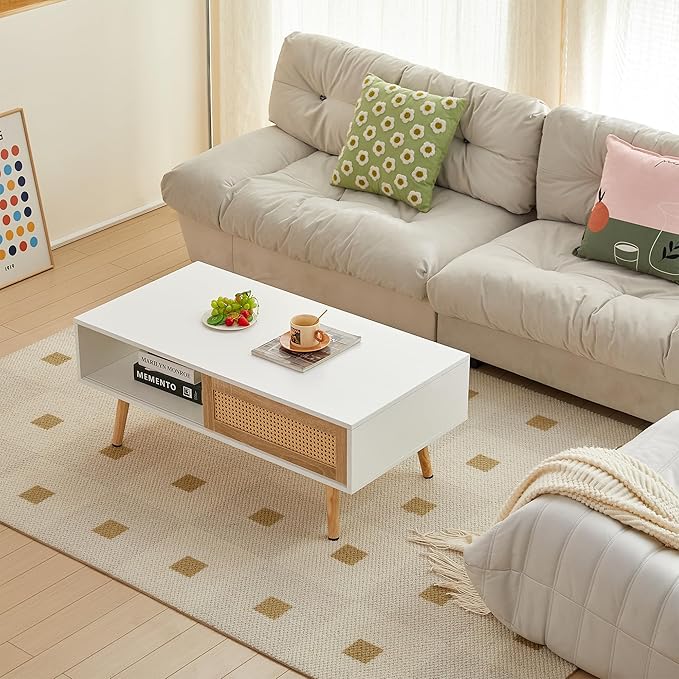 IANIYA 40.34" Boho Coffee Table, Rectangle Wooden Accent Center Tables, Living Room Table with Sliding PE Rattan & Solid Legs for Living Room, Apartment Small Space (White)