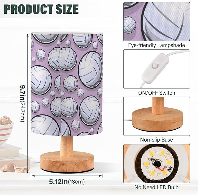 Table Lamp Volleyball Pattern Sport Purple Nightstand Lamp with Wood Base Fabric Lamp Shade Bedside Desk Lamp for Living Room Bedroom Kids Room Office