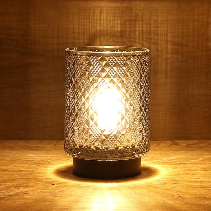 Battery Operated Lamp with Timer, Decorative Small Table Lamp, Glass Cordless Lamps Bedside Lamp for Living Room, Office, Bedroom, Entryway Diamond Design-Grey