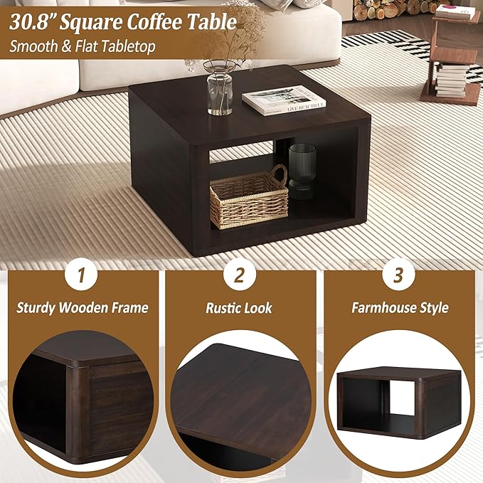 Harper & Bright Designs Square Coffee Table for Living Room in Dark Brown Farmhouse Coffee Table with Storage,2-Tier Center Table with Half Open Storage Compartment in 30.8"