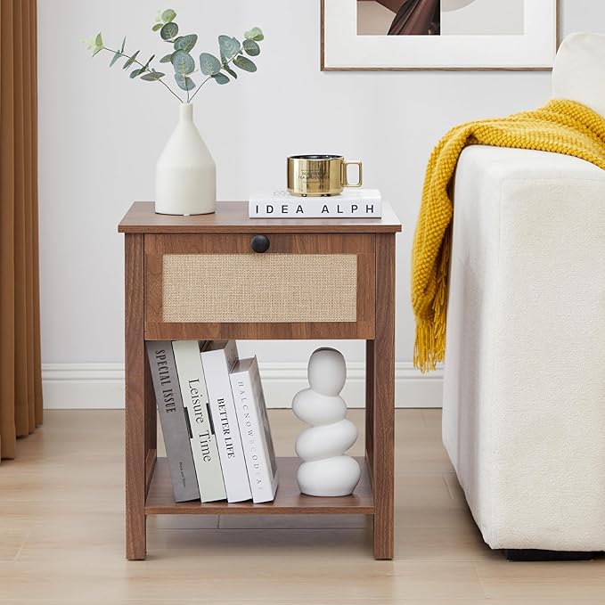 Wood Nightstand, 21.65" H End Table with Flax Finish, Modern Night Stands with Drawer, Farmhouse Bedside Table for Bedroom Living Room (Walnut)