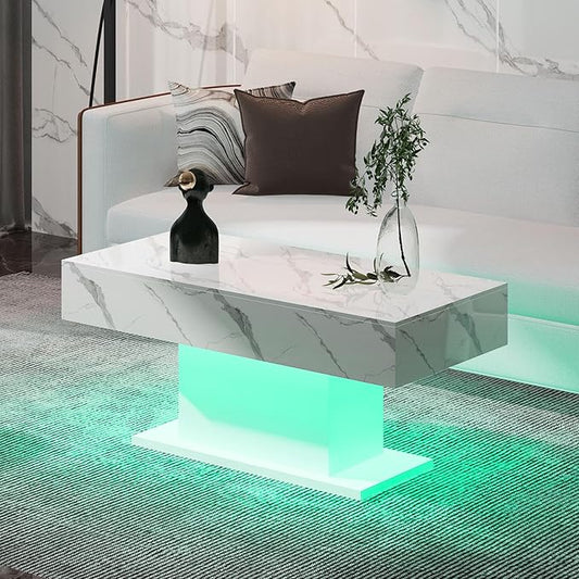 Led Coffee Table for Living Room, Living Room Table Rectangular Center Table, Modern High Glossy Wooden Coffee Tables with 16 Colors LED Lights for Dining Reception Room, White Marble