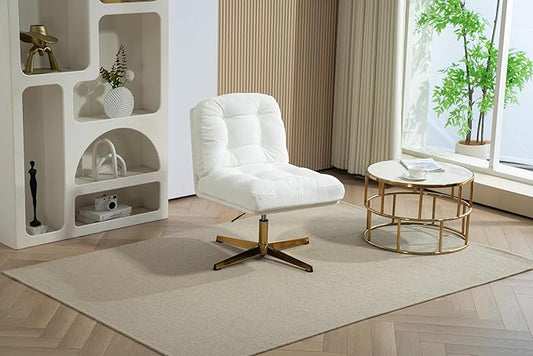 ZOBIDO Modern Accent Corduroy Chairs Comfy Upholstered Vanity Chairs for Bedroom Armchair Dining Chairs with Golden Metal Legs Desk Chair for Living Room（White